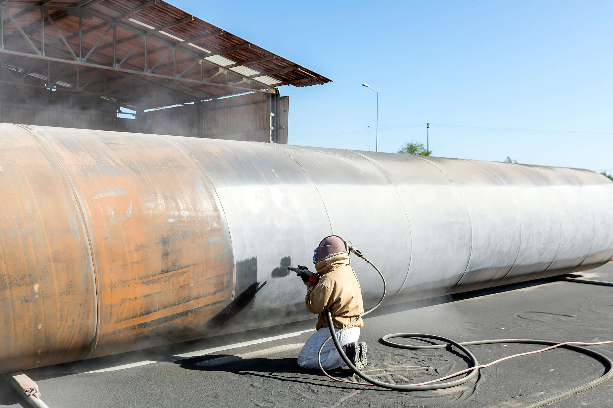 Operative shot blasting a large steel pipe section